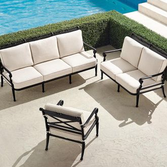 Frontgate Carlisle 3-pc. Sofa Set in Onyx Aluminum - Standard, Rumor Vanilla with Dupione Sand Piping - Frontgate