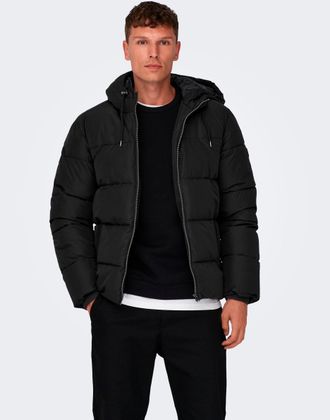 Only & Sons Steppjacke ONLY & SONS ONSMARLON LIFE HOOD PUFFER JACKET OTW VD, Herren, Gr. L, schwarz, Web, Obermaterial: 100% Polyester. Futter: 100% Polyester. Wa