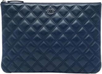 Chanel Pre-owned Quilted Lambskin Clutch - Dames - Vintage Clutch - Blauw - ONE Size - Leer - Vintage