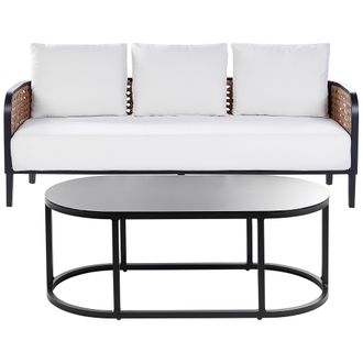 Beliani Conjunto De Jard&iacute;n Exterior Metal 3 Plazas Sof&aacute; De Aluminio Con Cojines Gruesos Blanco Crema Impermeable Respaldo Trenza Vienesa Rat&aacute;n Sint&eacute;tico Mesa 