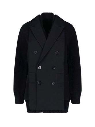sacai Black Wool Flannel Blazer-Style Cardigan with Nylon Sleeve Details