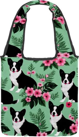 Generic Dogs and Florals Reversible Canvas Shoulder Tote - Double-Sided Print, 12oz Cotton, 27cm Drop, Fold-Flat Bag for Travel, Shopping, Street Outings