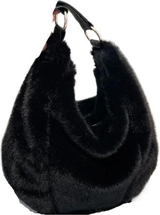Generic Compatible For Plush Tote Bag Women Casual Furry Handbag Large Capacity Soft Polyester Single Shoulder(Black)