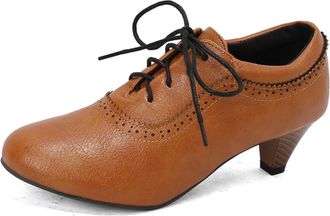 Generic Womens Brogue Round Toe Oxfords Lace-Up Mid Block Heel PU Leather Upper Black Sole Adjustable Laces Supportive Comfortable Fit Shoes,Yellow,10.5 UK