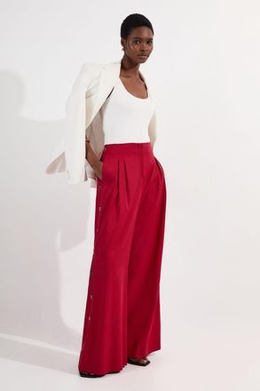 Karen Millen Womens Tailored Polished Cotton Button Side Wide Leg Trousers - Maroon Lyocell - Size 10 UK
