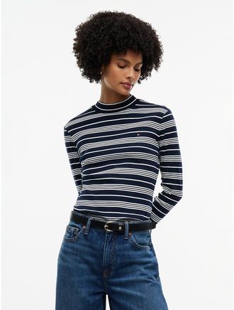 Tommy Hilfiger Womens Mockneck Stretch Knit Top - Navy Stripe - XL