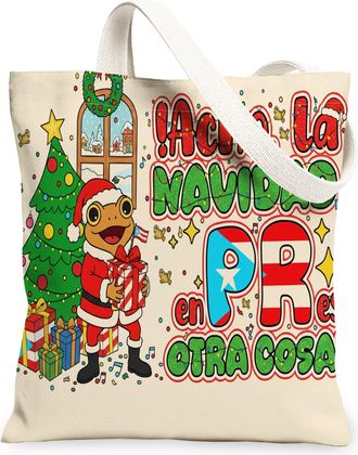 Generic Christmas Fun Canvas Tote Bags, Festive Holiday Design Reusable Grocery Bags, Lightweight Washable Shoulder Strap Canvas Fo, Beige, 13x15 Inch