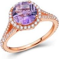 Lafonn Rose Gold Plated Sterling Silver Round Cut Amethyst & Simulated Diamond Halo Split Shank Ring in White/Amethyst at Nordstrom Rack, Size 7