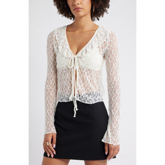 Open Edit Ruffle Sheer Lace Top in Ivory at Nordstrom Rack, Size Medium
