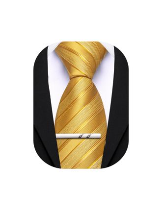 Barry.Wang Silk Men Ties Formal Stripes Necktie and Tie Clip for Wedding Party Business Fashion Classic, Gold, One Size