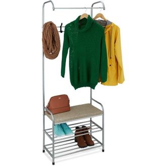 Relaxdays Relaxdays - Coat Rack with Shoe Shelf & Bench, made of Metal, Free-Standing, with 4 Hooks, hwd: 173 x 64 x 30 cm, Grey