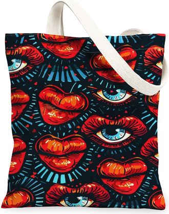 Generic Lips Canvas Tote Bags, Lip Pattern Reusable Grocery Bags, Vintage Lightweight Washable Shoulder Strap Canvas for Travel Sho, Multicolor, 13x15 Inch