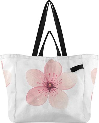 Generic Pink Blossom pattern Reusable Canvas Tote Bag, Heavy Duty Grocery Shopping Bag with Double Handles Hard Bottom Large Capacity Work Groceries Travel