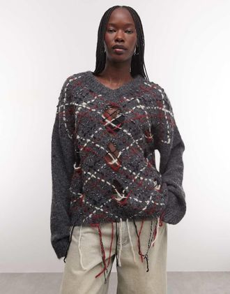 The Ragged Priest maglia corta a rombi con scollo a V grigia-Grigio