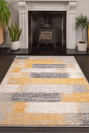 Kukoon Yellow Ochre Grey Distressed Striped Geometric patchwork Living room Area Rugs & Runner | Size: 120 cm x 170 cm