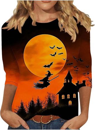 Generic Women 3/4 Sleeve Halloween T Shirt Crew Neck Halloween Graphic Tee Shirts Plus Size Fall Outfits Loose Fit Printed Casual Fashion Tops