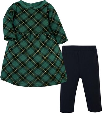 Hudson Baby Quilted Cotton Dress and Leggings in Forest Green Plaid at Nordstrom, Size 18-24M