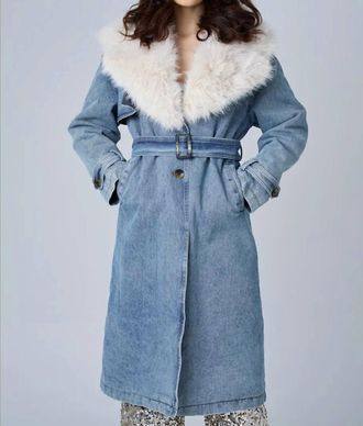 Astrid Denim Fur Collar Trench Coat In Blue