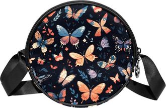 Generic Circle Crossbody Bag for Women, Colorful Butterfly Small Sling Bag Daypack with Zipper Adjustable Shoulder Straps Casual Ladies Girls Round Purse
