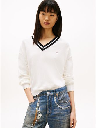 Tommy Hilfiger Womens Tommy Jeans Relaxed Fit V-Neck Sweater - White - XXS