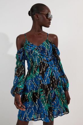 Karen Millen Womens Viscose Metallic Palm Print Cold Shoulder Mini Dress - Blue - Size 10 UK