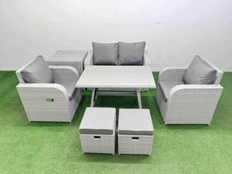 Fimous Light Grey PE Rattan Garden Furniture Set Reclining Chair LSide Table