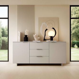 Dmora Credenza Neive, Madia Da Salotto Con Due Ante Battenti E Tre Cassetti, Rialzato Da Terra, 180x42 H90 Cm, Beige