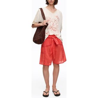 Bimba & Lola Cotton Pleated Bermuda Shorts with Lace Trim in Coral at Nordstrom, Size Medium Eu