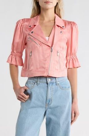 Cinq &agrave; Sept Everlee Ruffle Crop Moto Jacket in Pink Poppy at Nordstrom Rack, Size Large