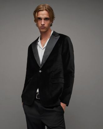 AllSaints Cotton Lyra Satin Trim Velvet Slim Fit Blazer, Size: 34