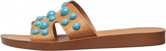 Antelope Womens Leather H-Strap Slide Sandals With Studs In Taupe + Turquoise