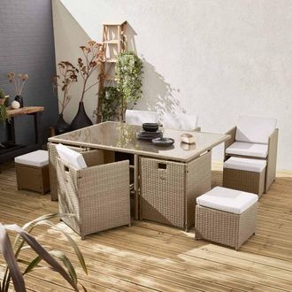 Sweeek 6 To 10-seater Rattan Cube Table Set With Chairs in Beige