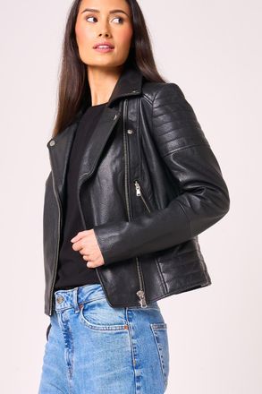 Barneys Womens Ribbed Asymmetric Real Leather Jacket - Black - Size 10 UK