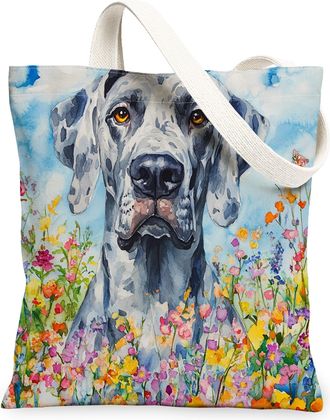 Generic Spring Great Dane Dog Canvas Tote Bag for Shopping 13x15, Oil Painting Wildflower Puppy Reusable Grocery Print Pattern Bag for Women, Fun Pet Beach Ae