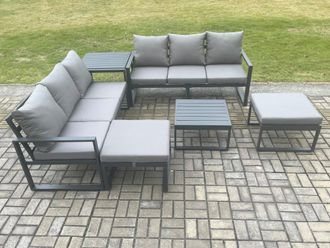 Fimous Aluminium 6 Pieces Garden Furniture Sofa Set with Cushions 8 Seater Outdoor Patio Set with Square Coffee Table Side Table in Dark Grey