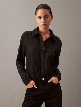 Calvin Klein Womens Chambray Classic Button-Down Shirt - Black - XS