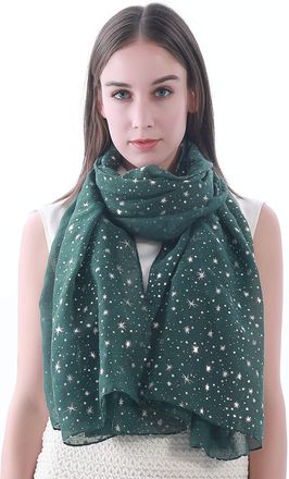 Lina & Lily Sparkle Foil Star Print Womens Scarf Shawl Wrap, Shimmer Silver Gold Glitter Lightweight Gift Party (Dark Green-Silver Stars)