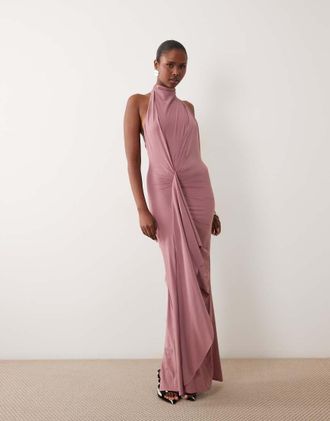Asos vestito maxi in jersey modellante con collo alto, drappeggio e volant, malva-Viola