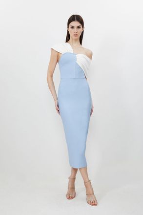 Karen Millen Womens Petite Figure Form Bandage Asymmetric Strap Knit Midi Dress - Light Blue - Size 12 UK
