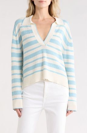 SIMKHAI Miller Stripe Cotton & Silk Polo Sweater in Azure Sky Stripe at Nordstrom Rack, Size Large