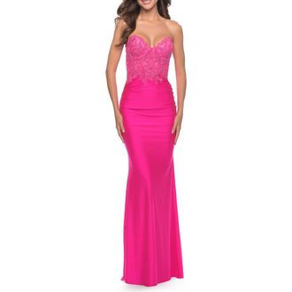 La Femme Stunning Strapless Jeweled Lace and Jersey Dress in Neon Pink at Nordstrom, Size 6