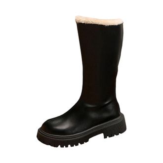 Generic Ladies Thick Long Mid Calf Boots 2025 Autumn Winter European Style Fashion Lined Back Zipper Furry Top Riding Boots(Black, 5.5)