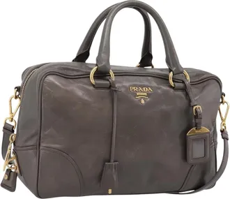 Prada Convertible Bauletto Vitello Shine Gray Leather Handbag (Pre-Owned)
