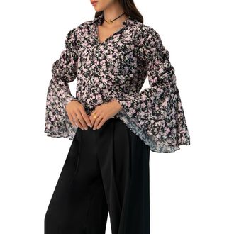 Ivonne Collared Long Sleeve Floral Print Blouse in Black at Nordstrom, Size 10