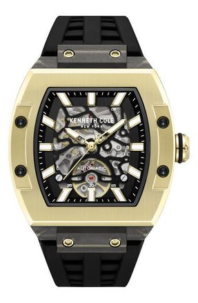 Kenneth Cole Skeleton Tonneau Automatic Silicone Strap Watch, 41.5mm x 53.5mm in Black at Nordstrom