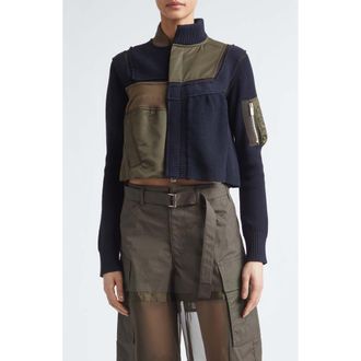 sacai Patchwork Mixed Media Crop Jacket in Dark Khaki/Navy at Nordstrom, Size 1