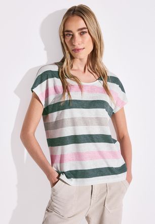 Street One Shirttop STREET ONE, Damen, Gr. 36, weiss (sanftes wei&szlig;), Jersey, Obermaterial: 80% Polyester, 20% Viskose, gestreift, regular fit taillenbedeckt, V-A