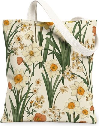 Generic Spring Daffodil Flower Canvas Tote Bag for Shopping 13x15, Vintage Wildflower Florals Reusable Grocery Print Pattern Bag for Women, Aesthetic Beach Ae
