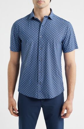 Johnston & Murphy XC+ Motion Geo Print Short-Sleeve Performance Knit Button-Up Shirt in Navy Petal at Nordstrom, Size Xx-Large