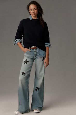 Re/Done Star-Embellished Mid-Rise Wide-Leg Jeans